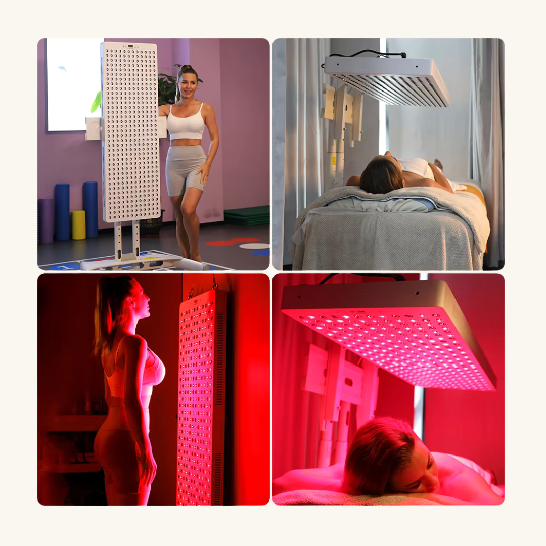 Collage of images showing a person using LED light equipment in various settings.