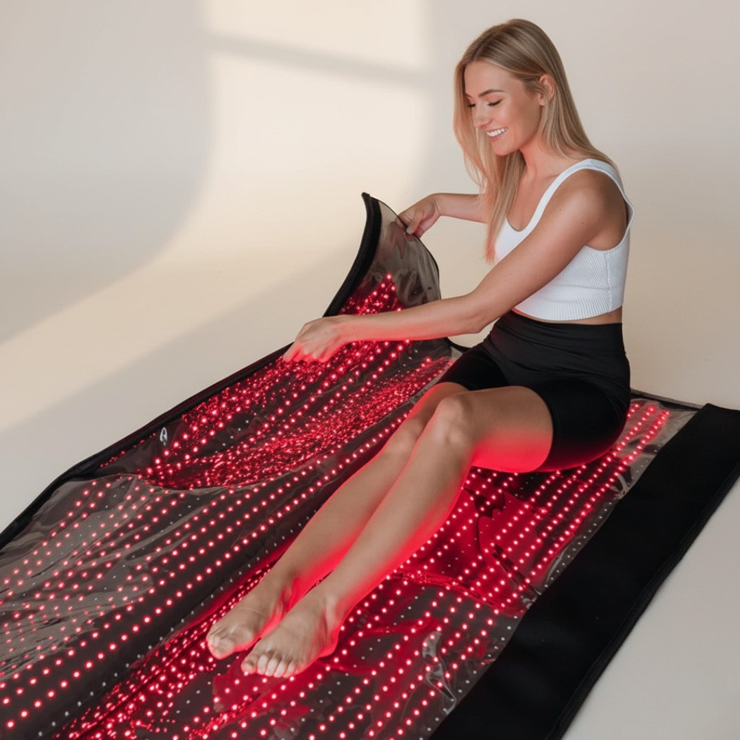 Infrared Therapy Blanket - Heal & Recover with red light wavelengths for muscle relief and circulation, shown in use by a woman at home.