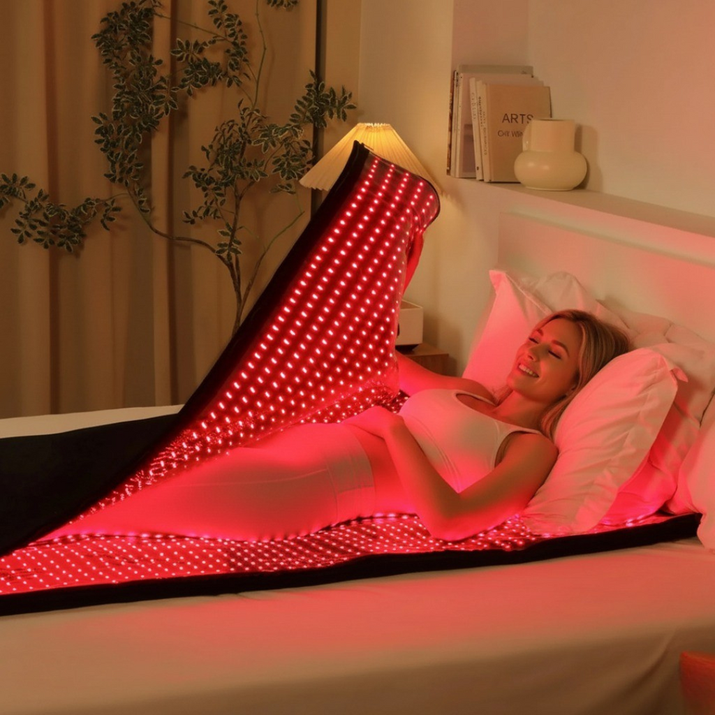 Infrared Therapy Blanket emitting red light, used by a woman lying in bed for muscle recovery and improved circulation at home.