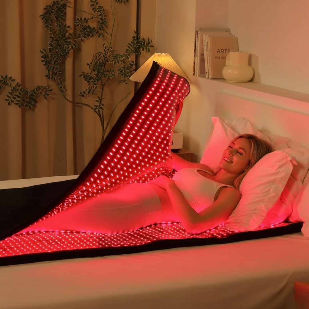 Infrared Therapy Blanket emitting red light, used by a woman lying in bed for muscle recovery and improved circulation at home.