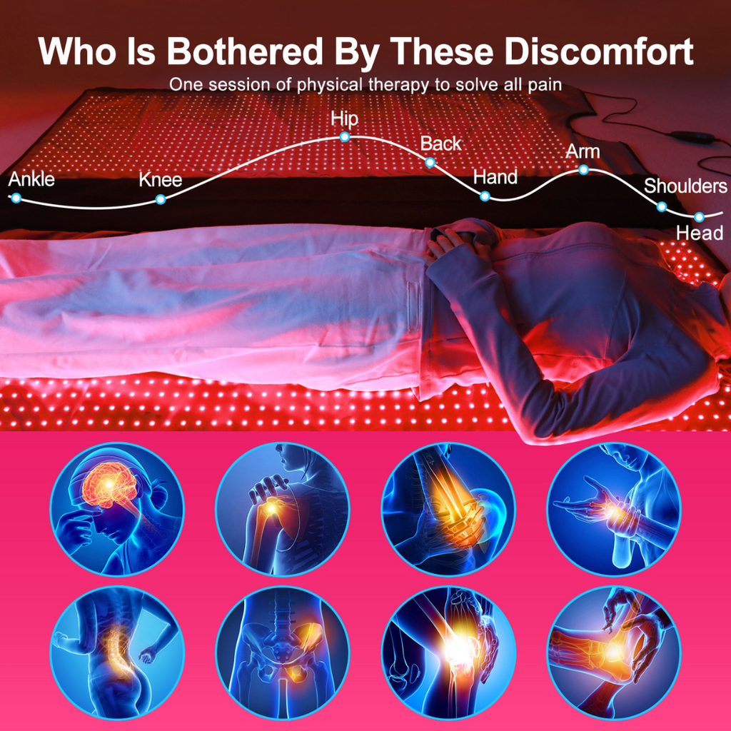 Infrared Therapy Blanket - Heal & Recover used for full-body pain relief targeting head, shoulders, back, hips, knees, and ankles with red light therapy.