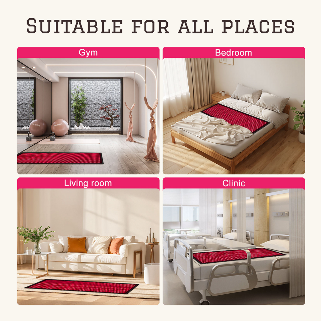 Infrared Therapy Blanket - Heal & Recover shown in gym, bedroom, living room, and clinic settings. Ideal for muscle relief and circulation boost.