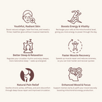 Infrared Therapy Blanket benefits infographic showing icons and text for skin rejuvenation, energy boost, sleep, muscle recovery, pain relief, and mood enhancement.